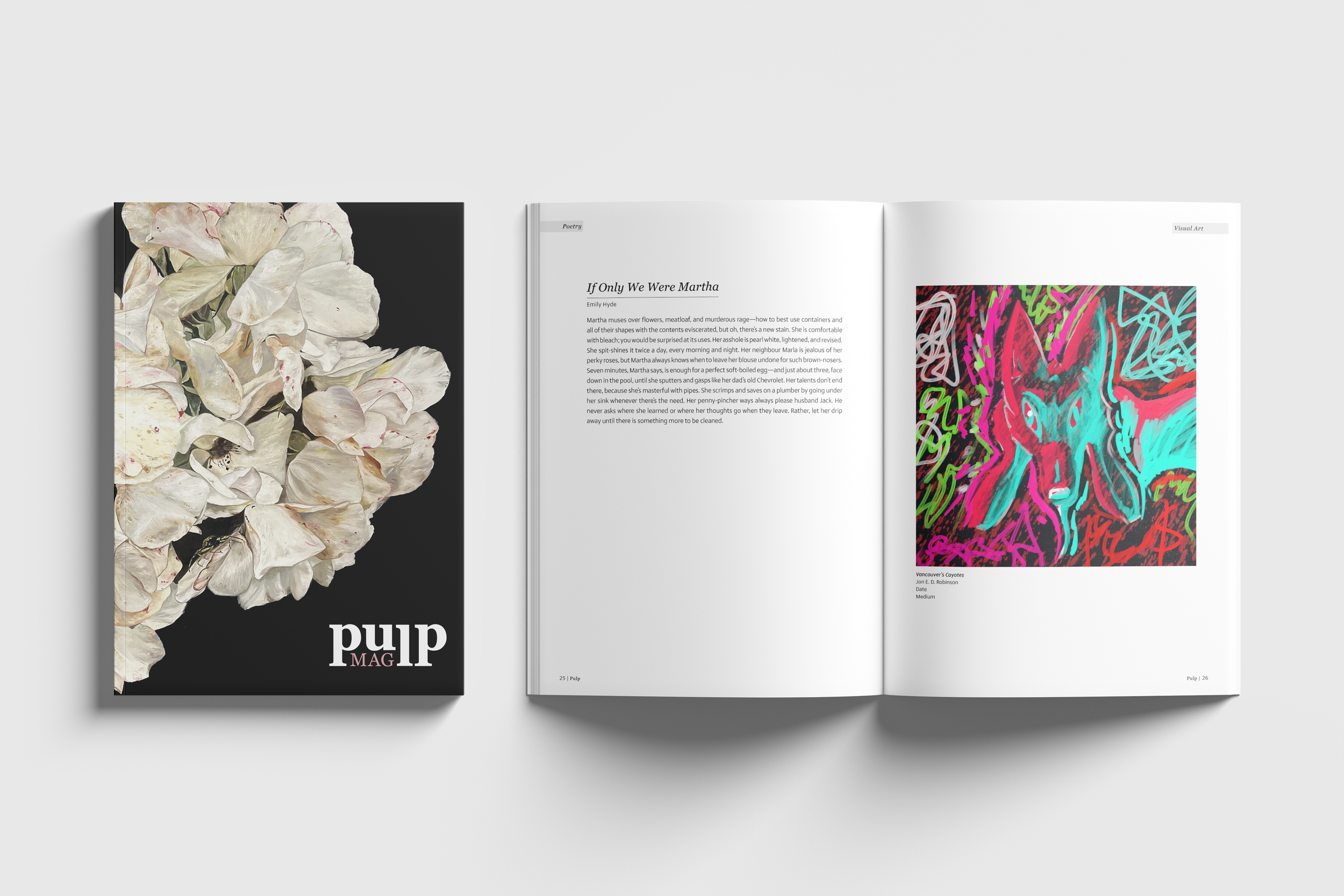 Open magazine with white pages, featuring a poem and artwork on the right page, and a black cover with a white flower cluster on the left.