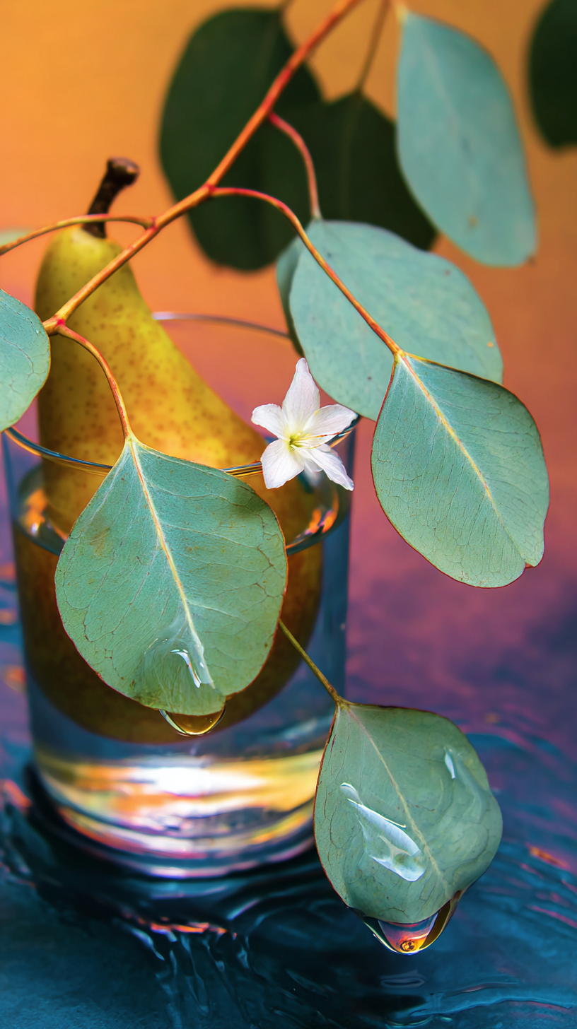 A pear in a glass with green leaves and a white flower, water droplets on leaves, colorful reflection in water.
