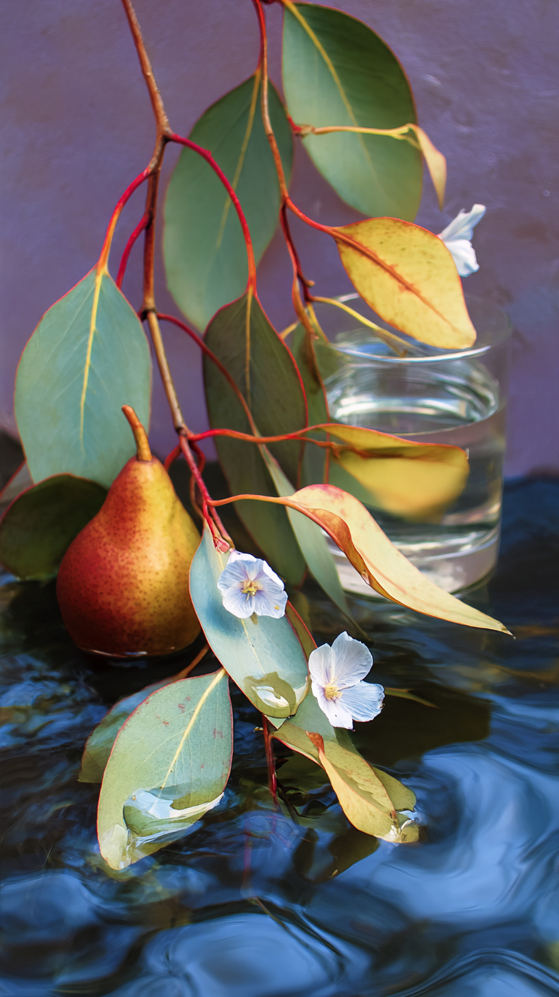 A pear and green leaves arranged with white flowers hanging over water, with a glass container filled with water in the background.
