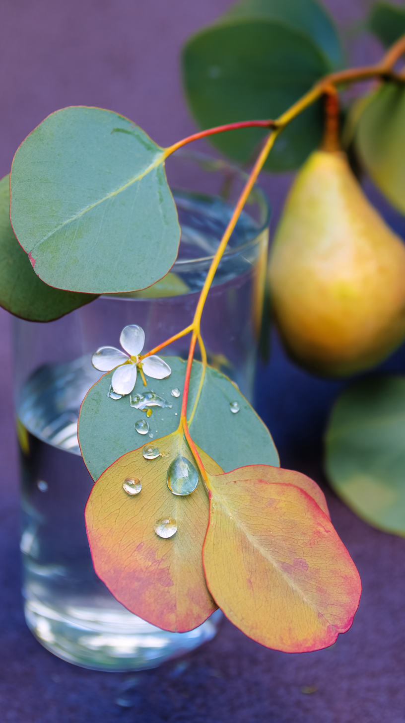 Close-up of eucalyptus leaves with water droplets in a glass of water, with a pear in the background on a purple surface.