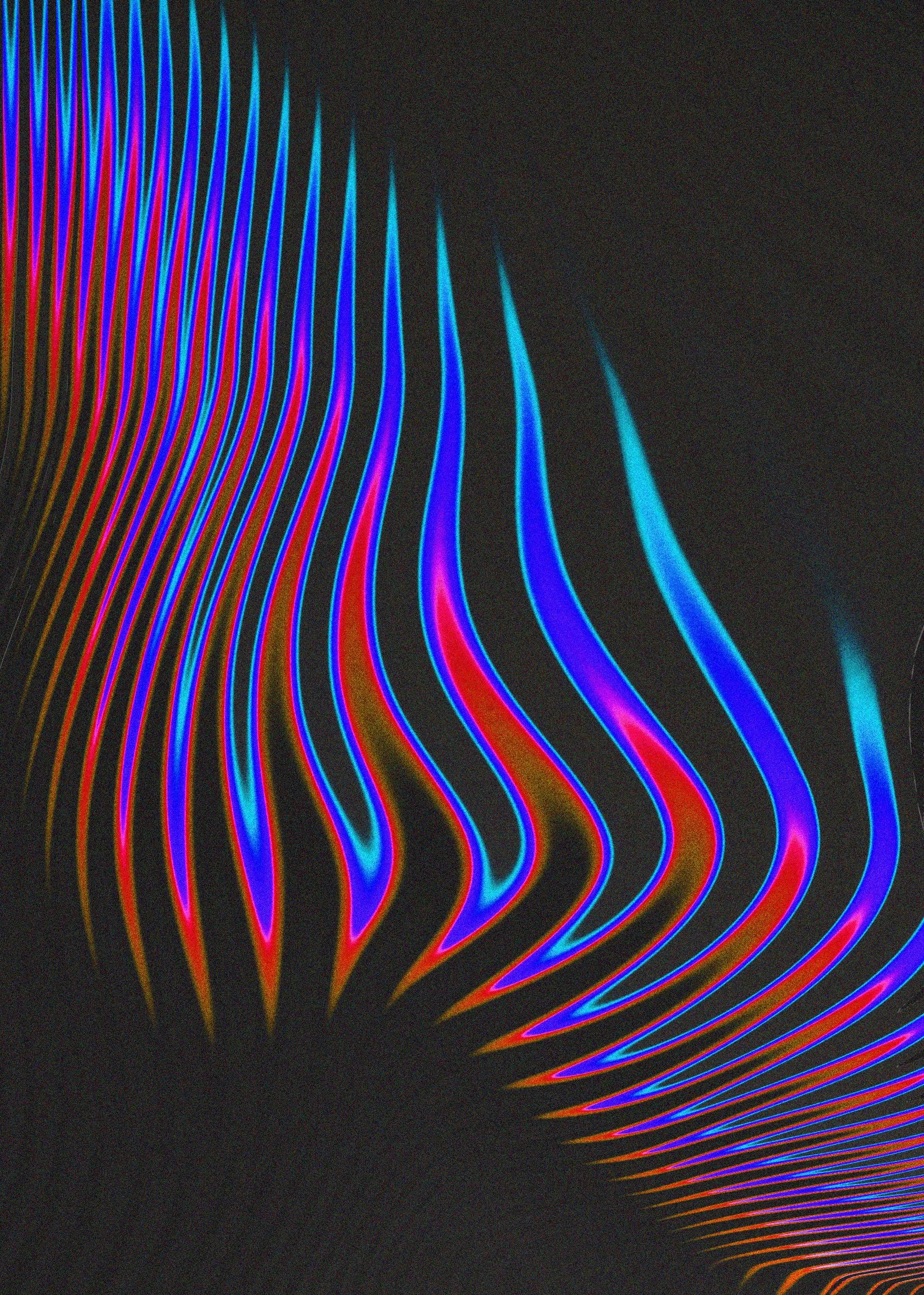 Colorful neon lines on a black background, creating wavy abstract patterns.