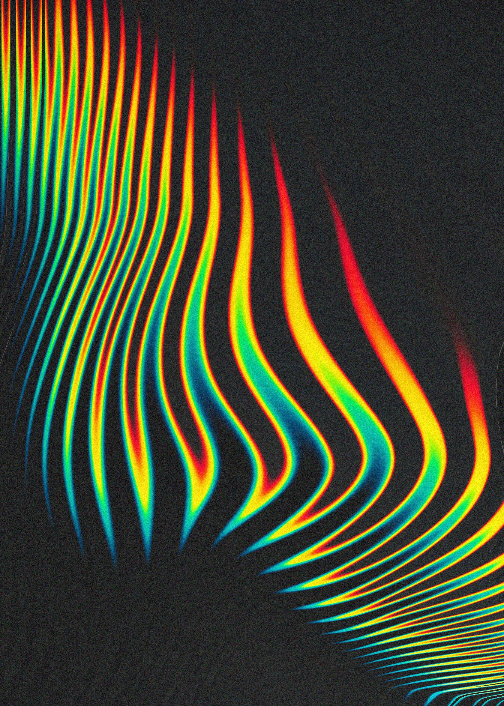 Abstract digital art with colorful, wavy lines on a black background.
