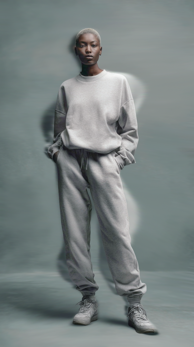 A woman with short platinum blonde hair wearing a gray sweatshirt and matching sweatpants, standing with hands in pockets against a blurred gray background.