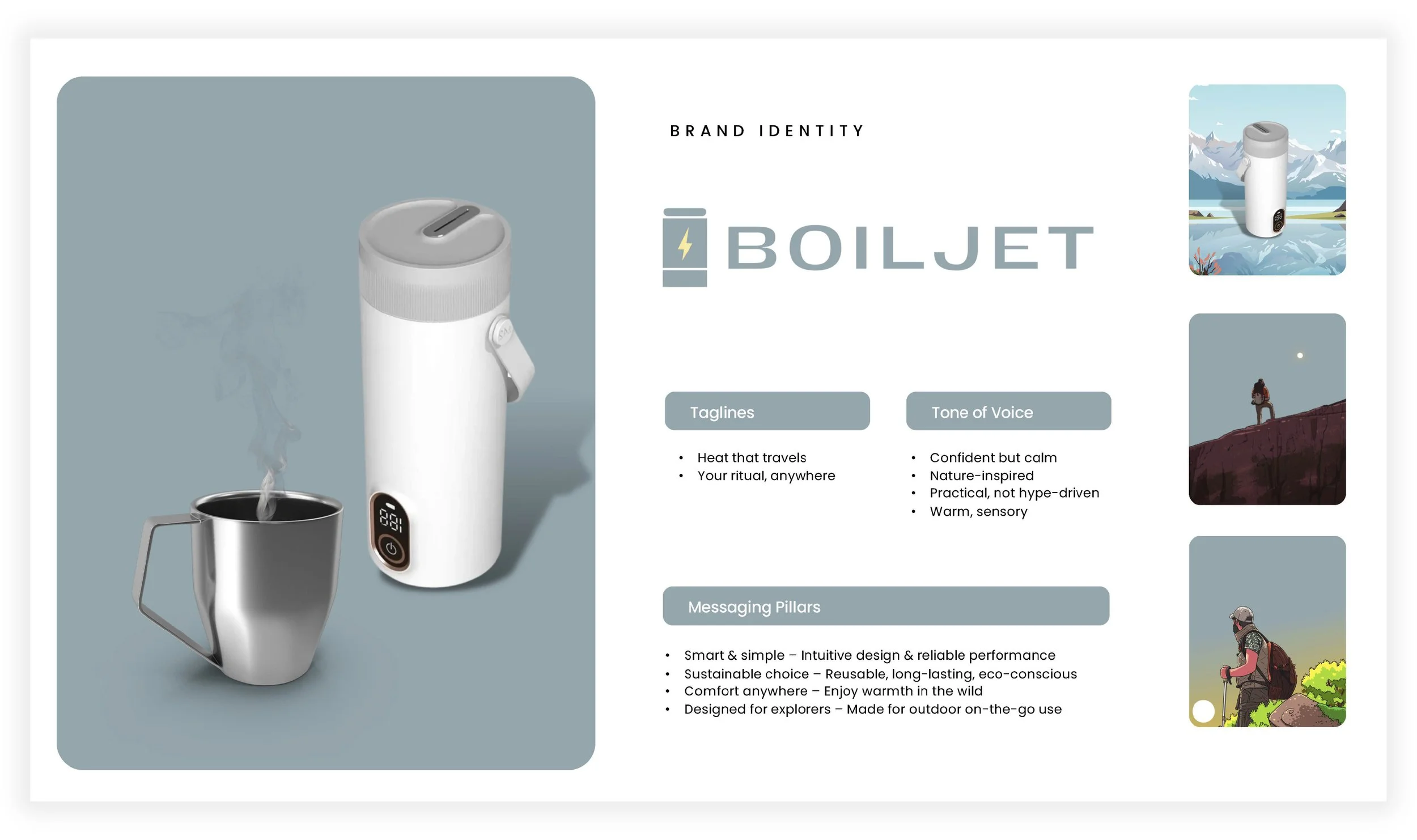 A portable electric kettle with digital display next to a steaming mug of coffee on a blue background, alongside product branding and marketing information for a brand called Boiljet.