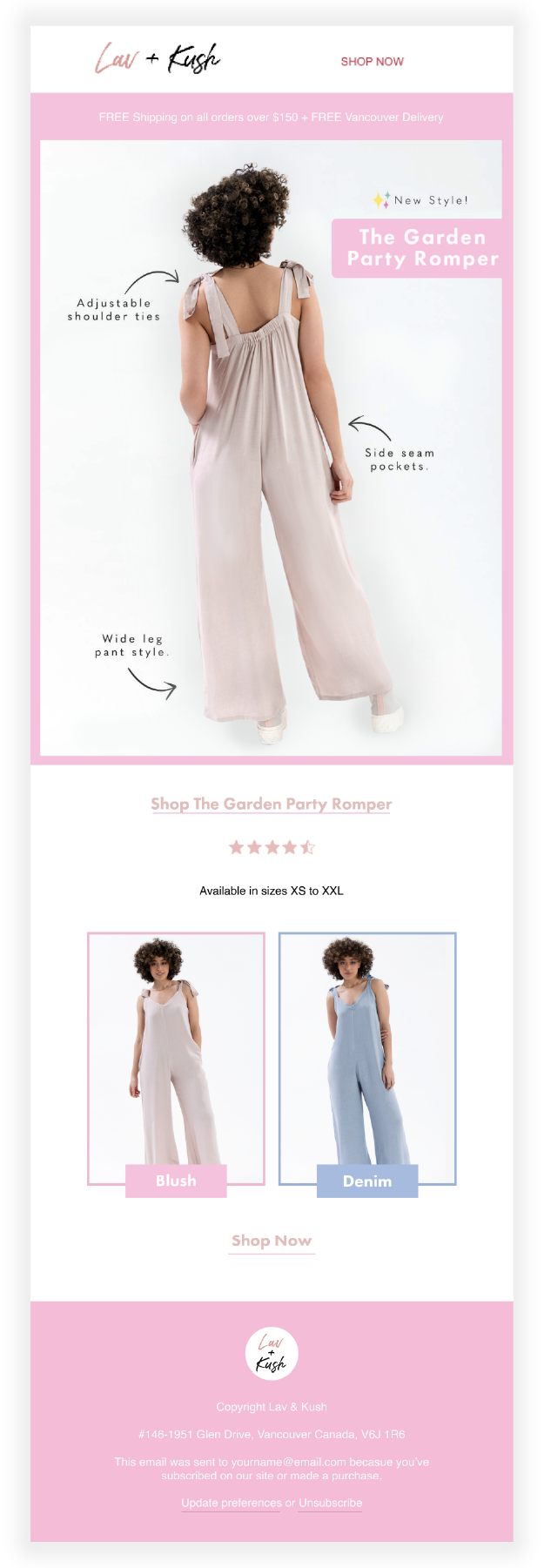 An advertisement for the Garden Party Romper by Lav + Kush featuring a woman wearing a light-colored romper with adjustable shoulder ties and wide-leg pants, showing side seam pockets. The ad highlights various features, available sizes from XS to XXL, and options in blush and denim colors.