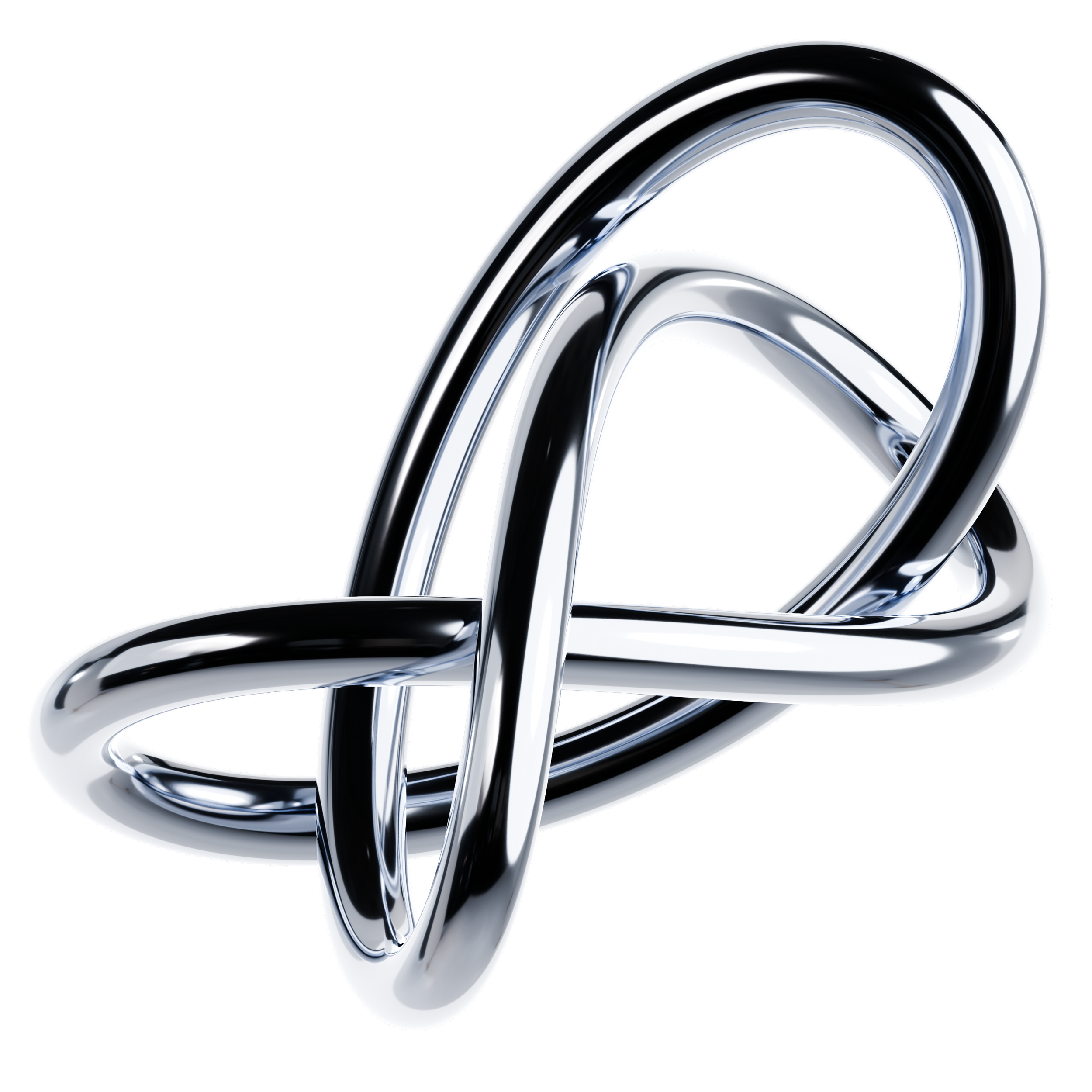 A complex metallic sculpture resembling intertwined loops or knots, made of shiny, reflective material, set against a black background.