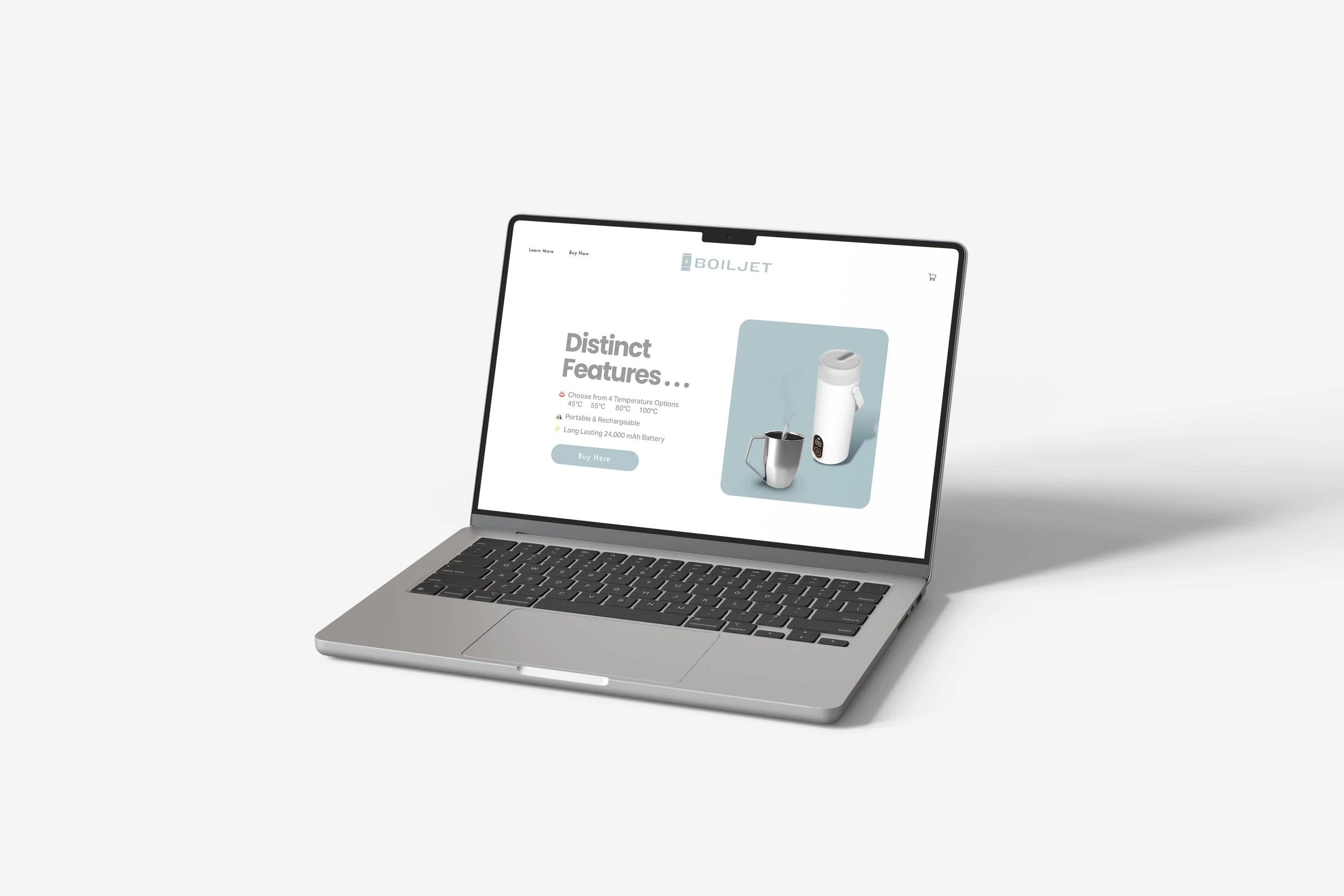 Silver laptop displaying a webpage for a portable, rechargeable beverage warmer with the brand name 'BOILJET' and features listed.