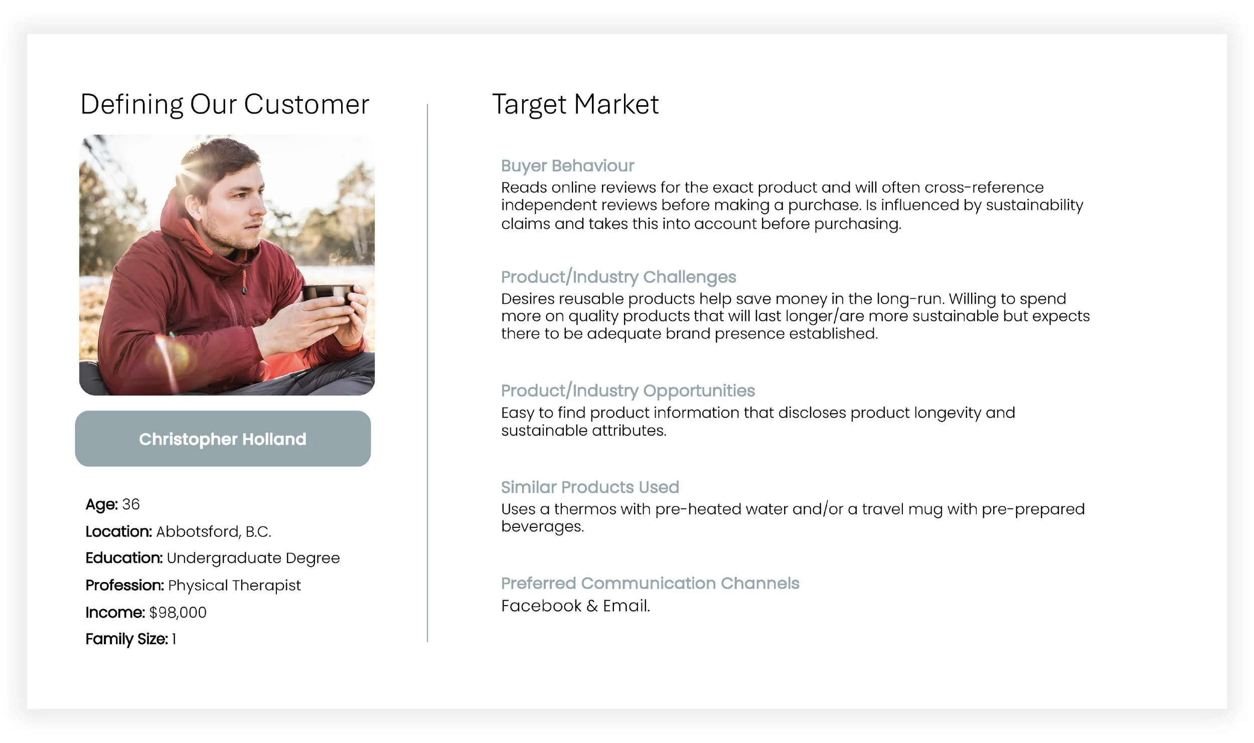Customer profile page showing a photo of a man in a red jacket holding a cup, with details including age, location, education, profession, income, and family size, alongside text about target market analysis and buyer behavior.