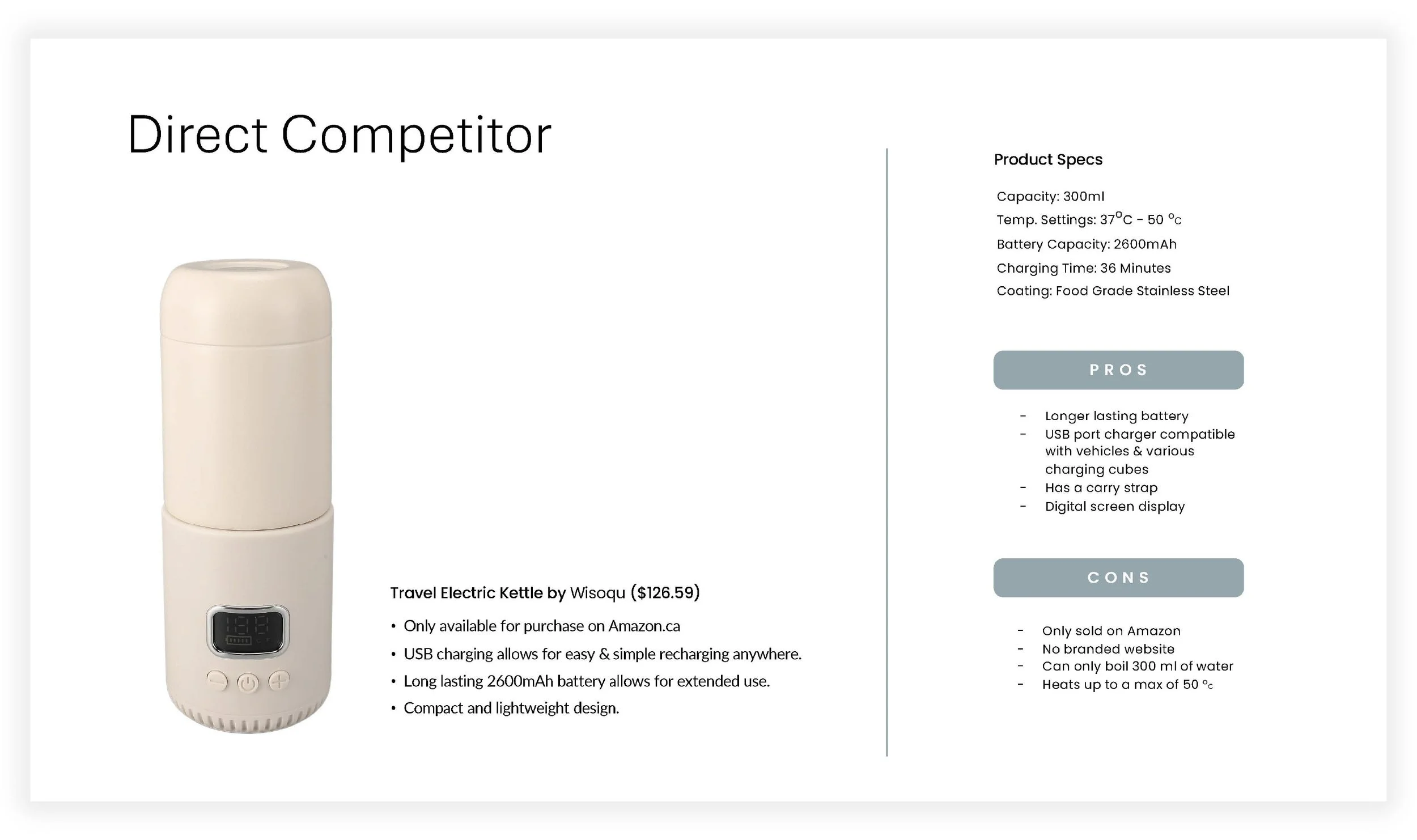 Product comparison chart for a travel electric kettle, showing specifications, pros, and cons, with an image of the kettle on the left.