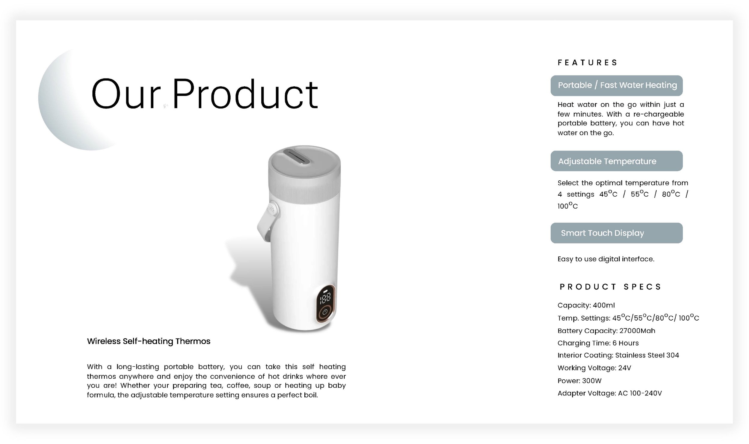 Product description of a wireless self-heating thermos with digital display, featuring portable water heating, adjustable temperature settings, and specifications including capacity, battery, and power details.