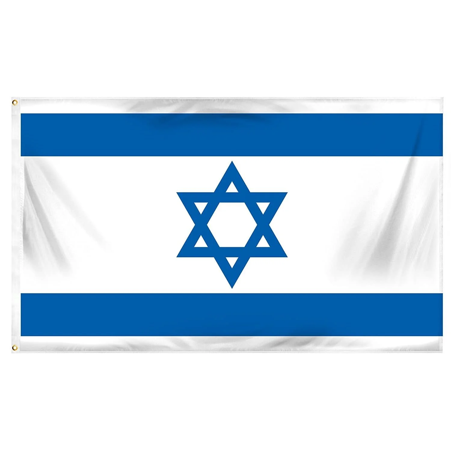 Flag of Israel with blue horizontal stripes and a blue Star of David in the center on a white background.