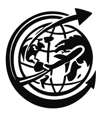 Line drawing of a globe with arrows circling around it, symbolizing global movement or international travel.