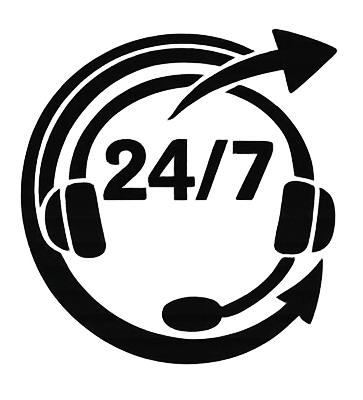 Icon representing 24/7 customer support with a headset and arrow