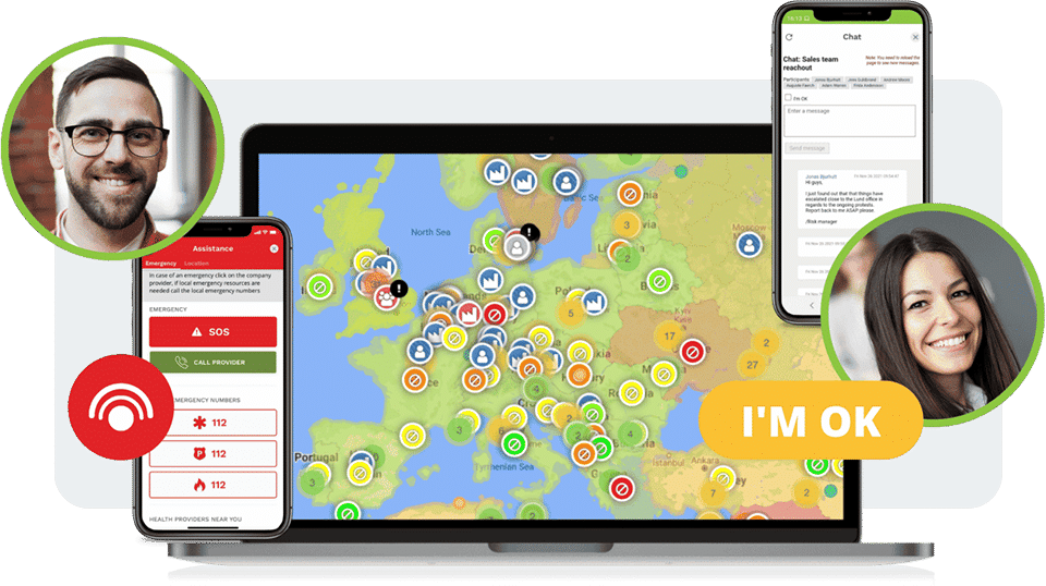 A digital map of Europe displayed on a laptop, showing various colored icons indicating locations or statuses. Surrounding the laptop are two smartphones, one with a chat application and another with emergency contact options, and two portrait photos of smiling people, a man on the left and a woman on the right. The woman has a speech bubble saying "I'M OK."