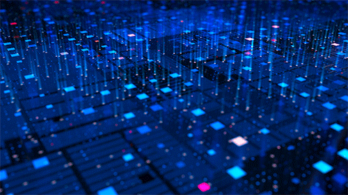 A digital abstract background with glowing blue and pink pixels and grid lines, resembling a futuristic data or technology visualization.
