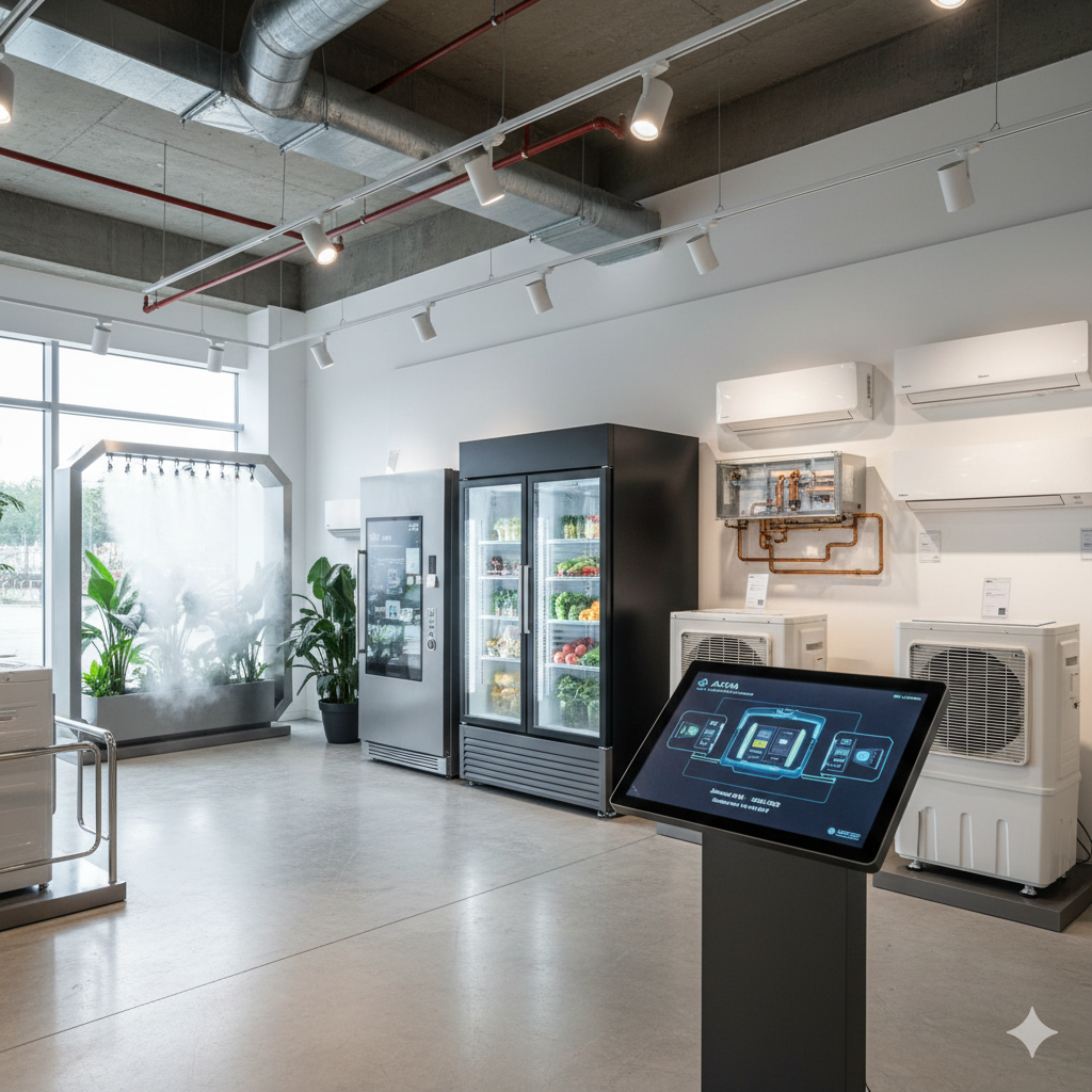 Modern retail store with refrigerated display cases, vending machine, and digital checkout kiosk, featuring potted plants near a large window and industrial ceiling with exposed ductwork.