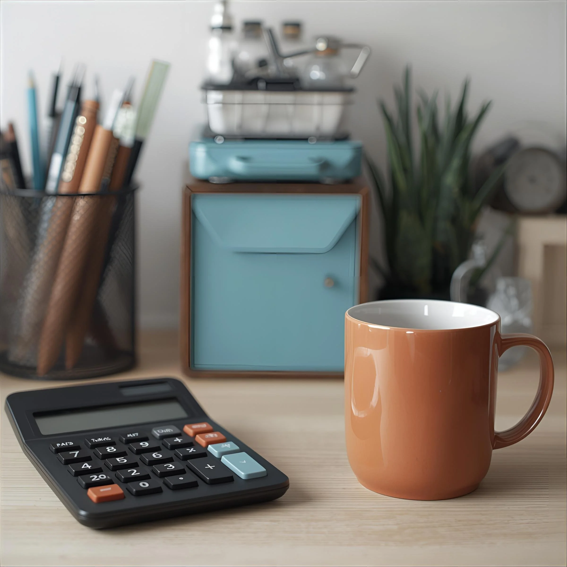 Une tasse beige sur un bureau en bois, un calculateur, un porte-crayons avec des crayons et stylos, des cartons de rangement bleus et une plante verte en arrière-plan.