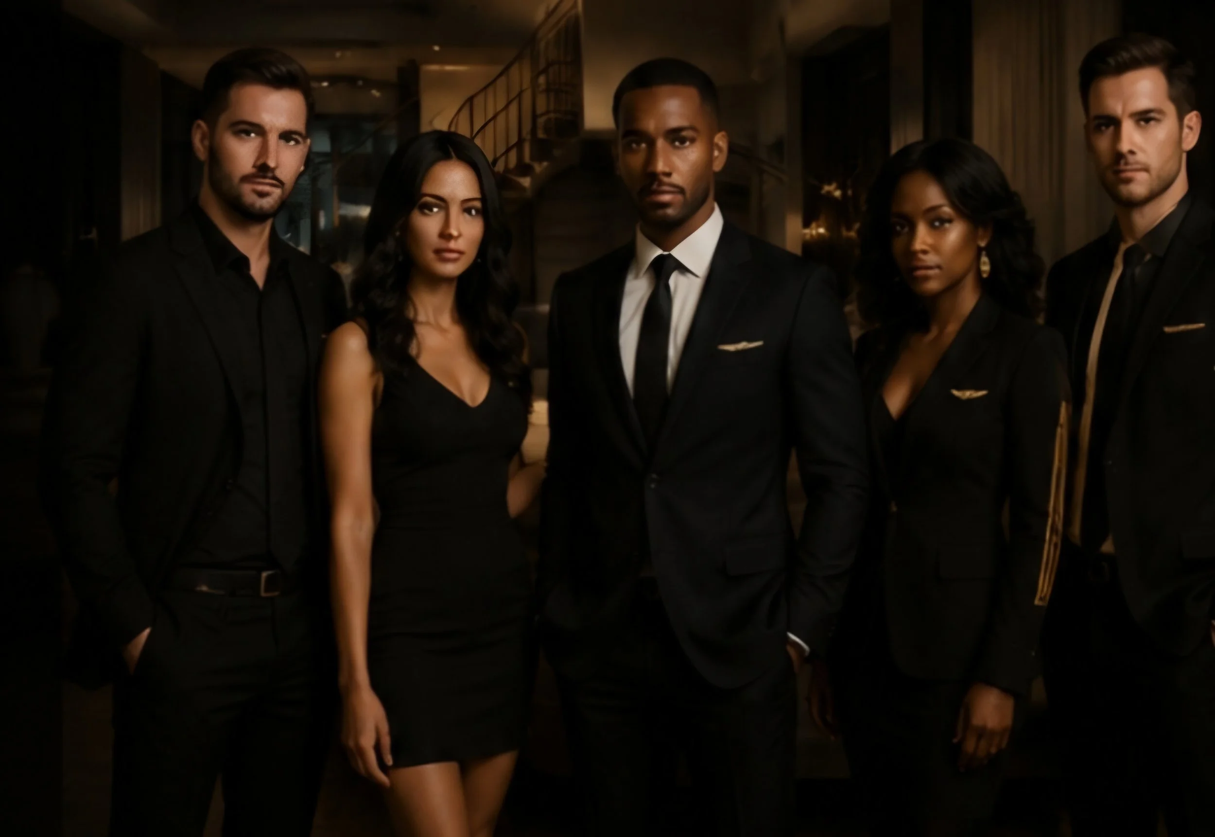 Group of five well-dressed people standing together in a dimly lit indoor setting.