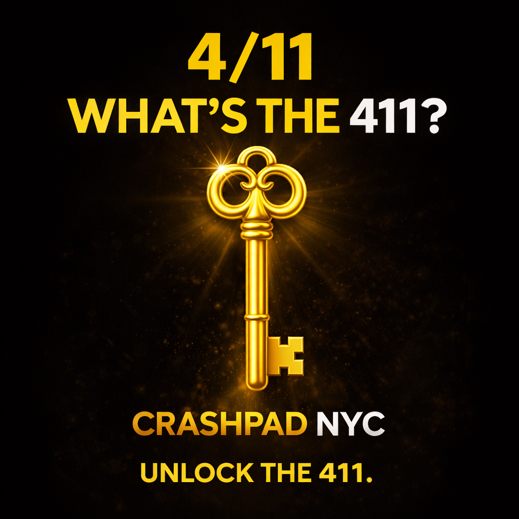 Promotional graphic with a gold key, text reading "4/11 What's the 411?" and "CrashPad NYC Unlock the 411" against a black background.