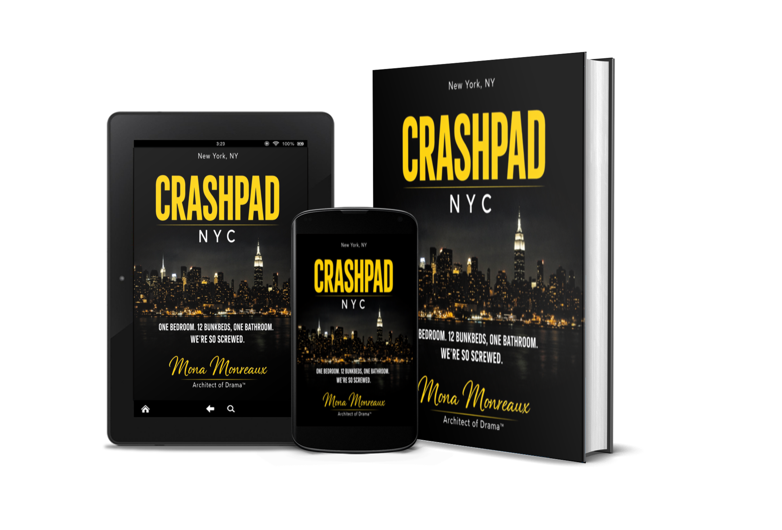 Digital devices and a book displaying the cover of the novel 'Crashpad NYC' by Mona Monreaux, with a nighttime New York City skyline in the background.