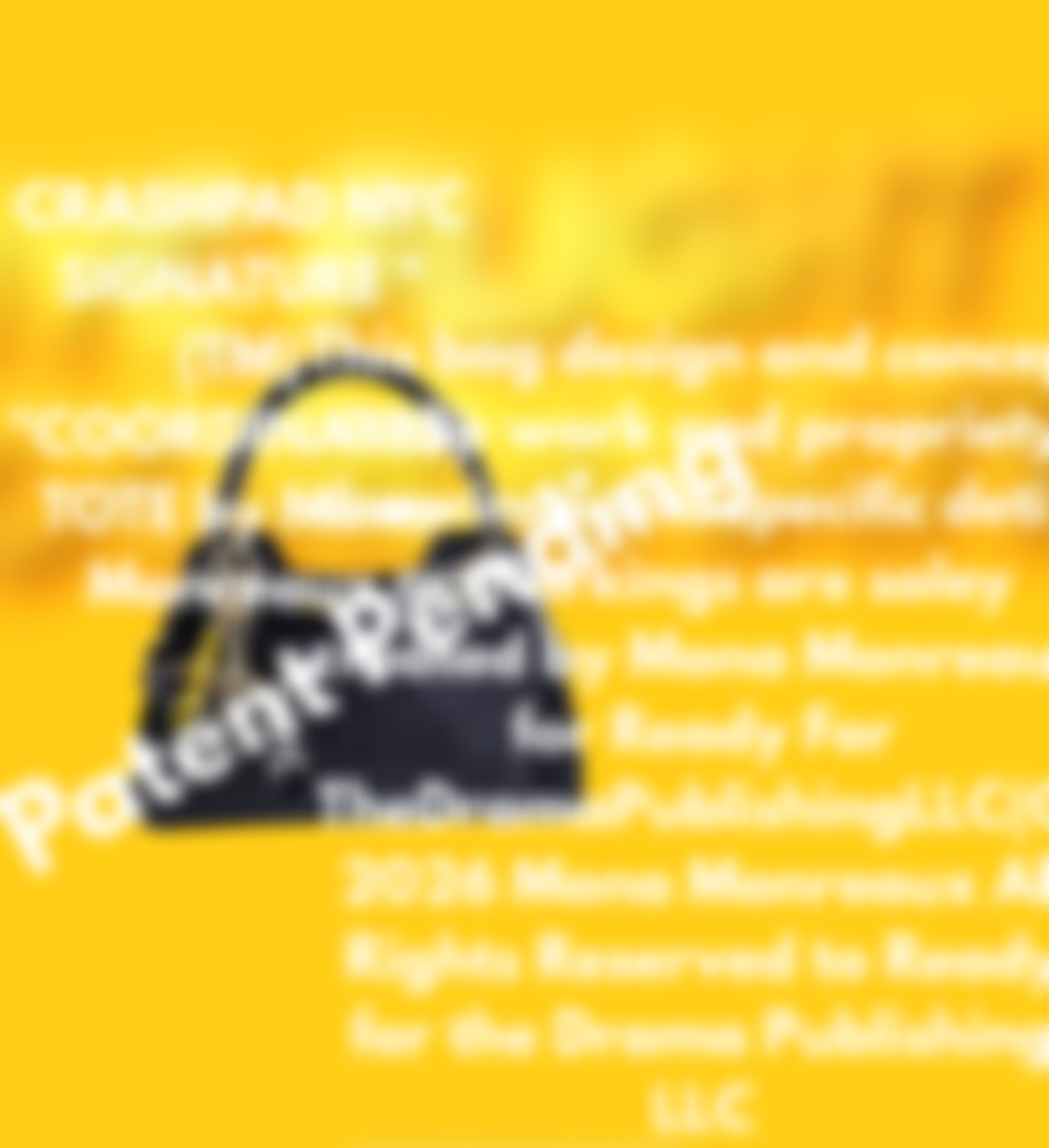 Yellow promotional poster with black and white text, featuring an illustration of a black handbag.