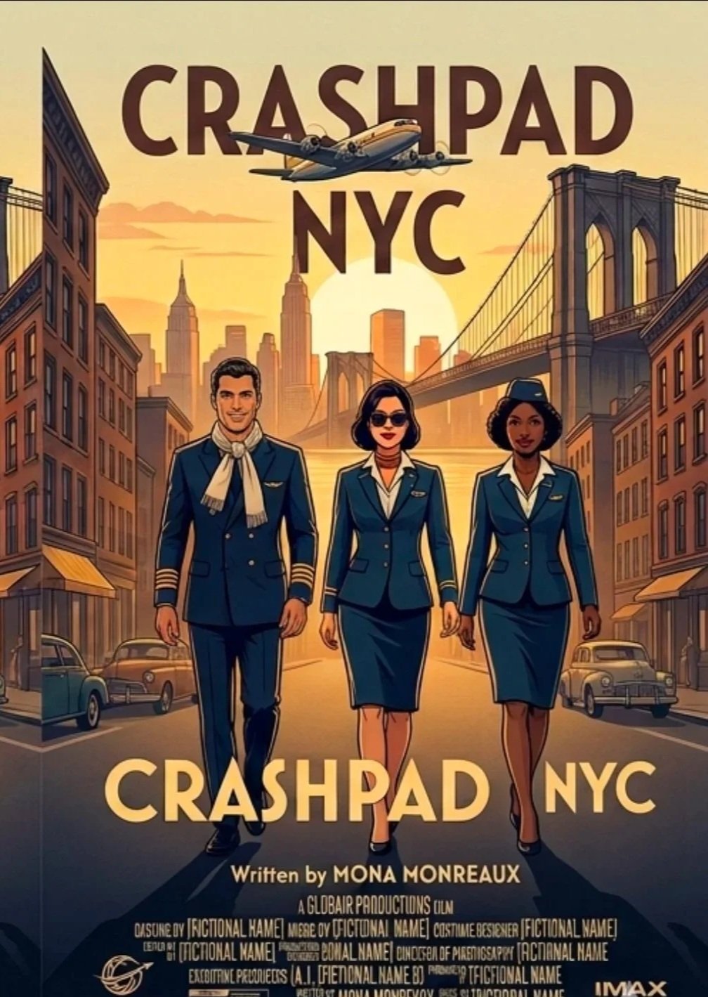 Illustrated poster of a vintage New York City scene with three pilots walking down the street. An airplane flies overhead against a sunset backdrop with the Empire State Building and Brooklyn Bridge visible. The title reads 'CRASHPAD NYC' and 'CRASHPAD NYC' is at the bottom, along with credits for the writer Mona Monreaux and production details.
