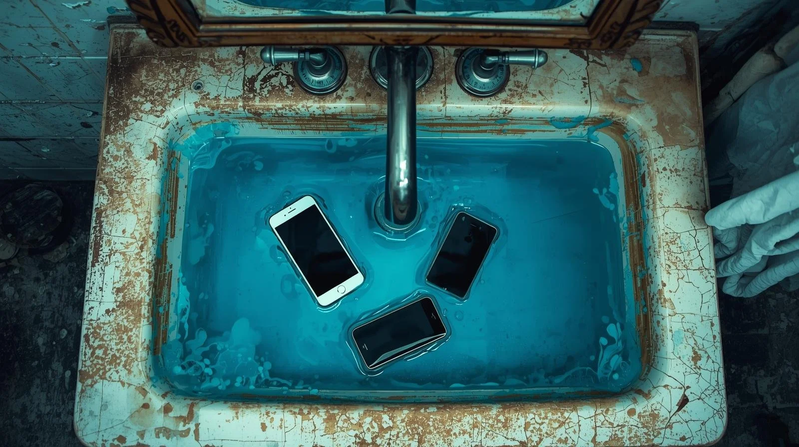 Three smartphones submerged in blue water inside a rusty, old sink.