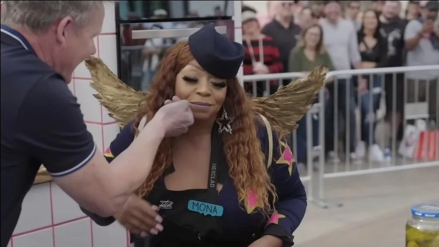 "Mona Monreaux with Gordon Ramsay on set of Idiot Sandwich. WGA creator of CRASHPAD and host of Dressup and Cook"