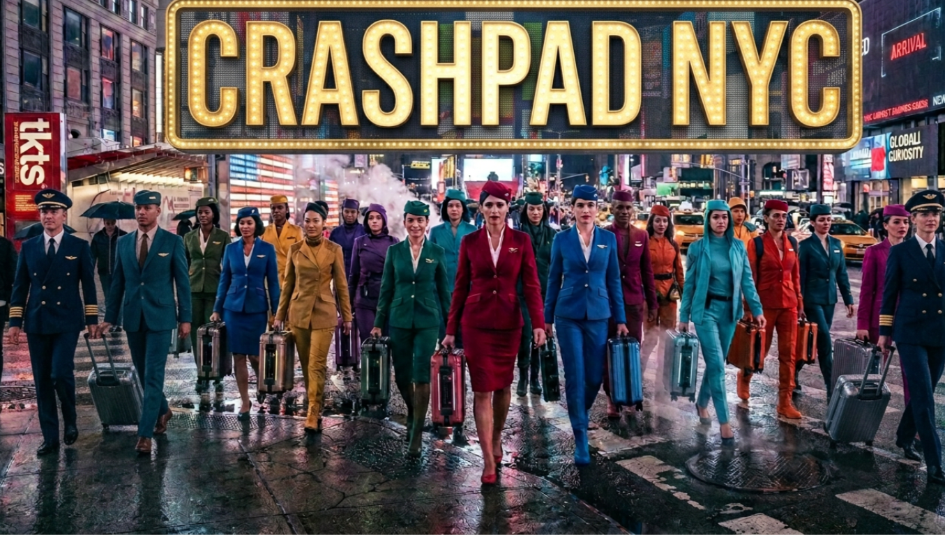 A diverse group of women and men dressed as flight attendants and pilots walking across a wet city street at night with bright lights and billboards, under a large illuminated sign that reads 'CRASHPAD NYC'.