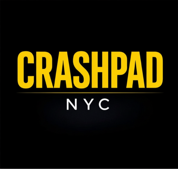 CrashPad NYC logo with yellow and white text on a black background.