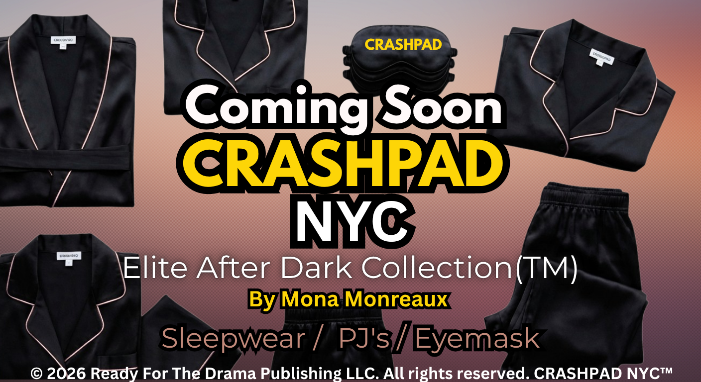 Announcement for CrashPad NYC's Elite After Dark Collection by Mona Monreaux, featuring sleepwear, pajamas, and eye masks, with folded black pajamas and sleepwear items displayed against a gradient background.