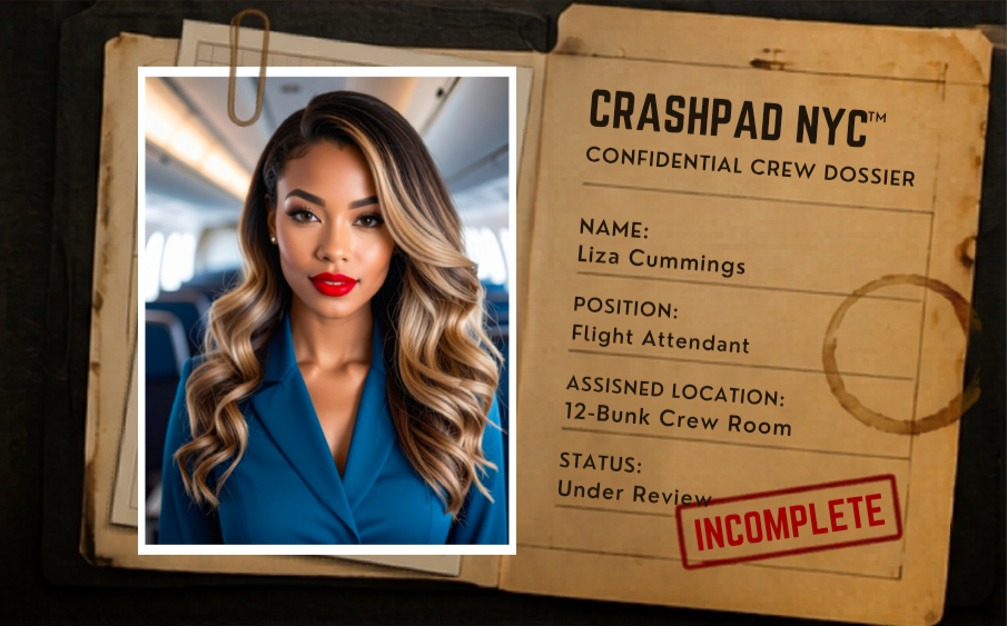 A passport-style dossier card with a photo of a woman with long, wavy hair, red lipstick, and a blue blazer. The card is labeled 'CrashPad NYC,' and shows her name as Liza Cummings, a flight attendant, with her location at 12-Bunk Crew Room. The status is marked 'Incomplete' in red stamps.