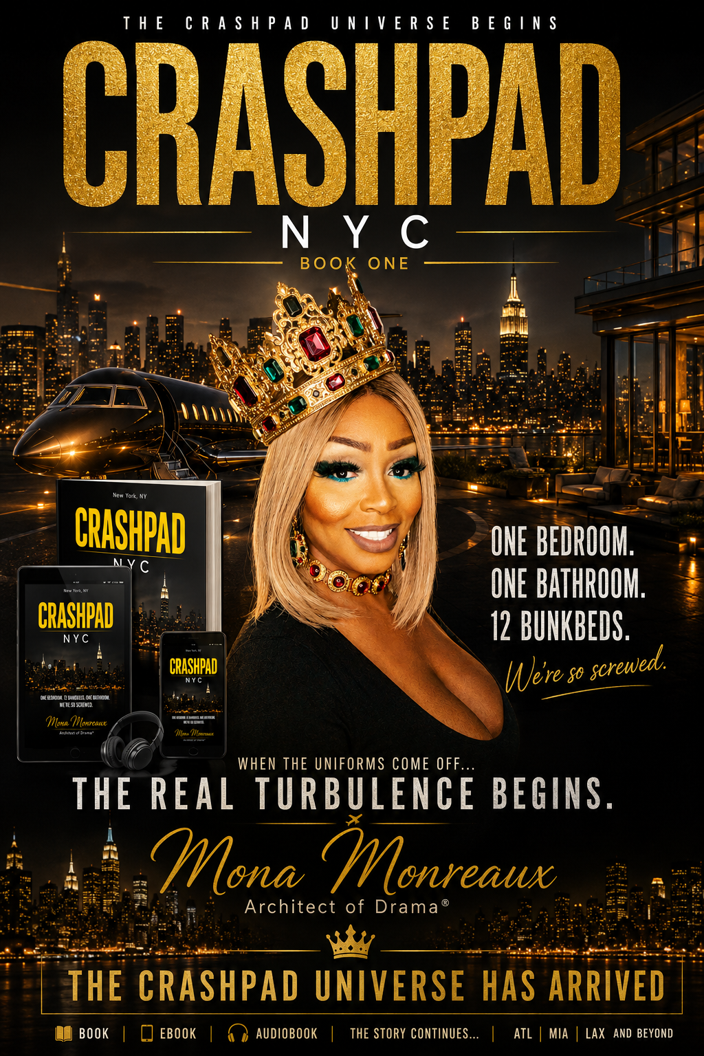 Book cover for 'CrashPad NYC | Book One' featuring a woman with blonde hair wearing a crown, set against a nighttime New York City skyline with an airplane and city lights, promoting the novel by Mona Monreaux with various formats available.