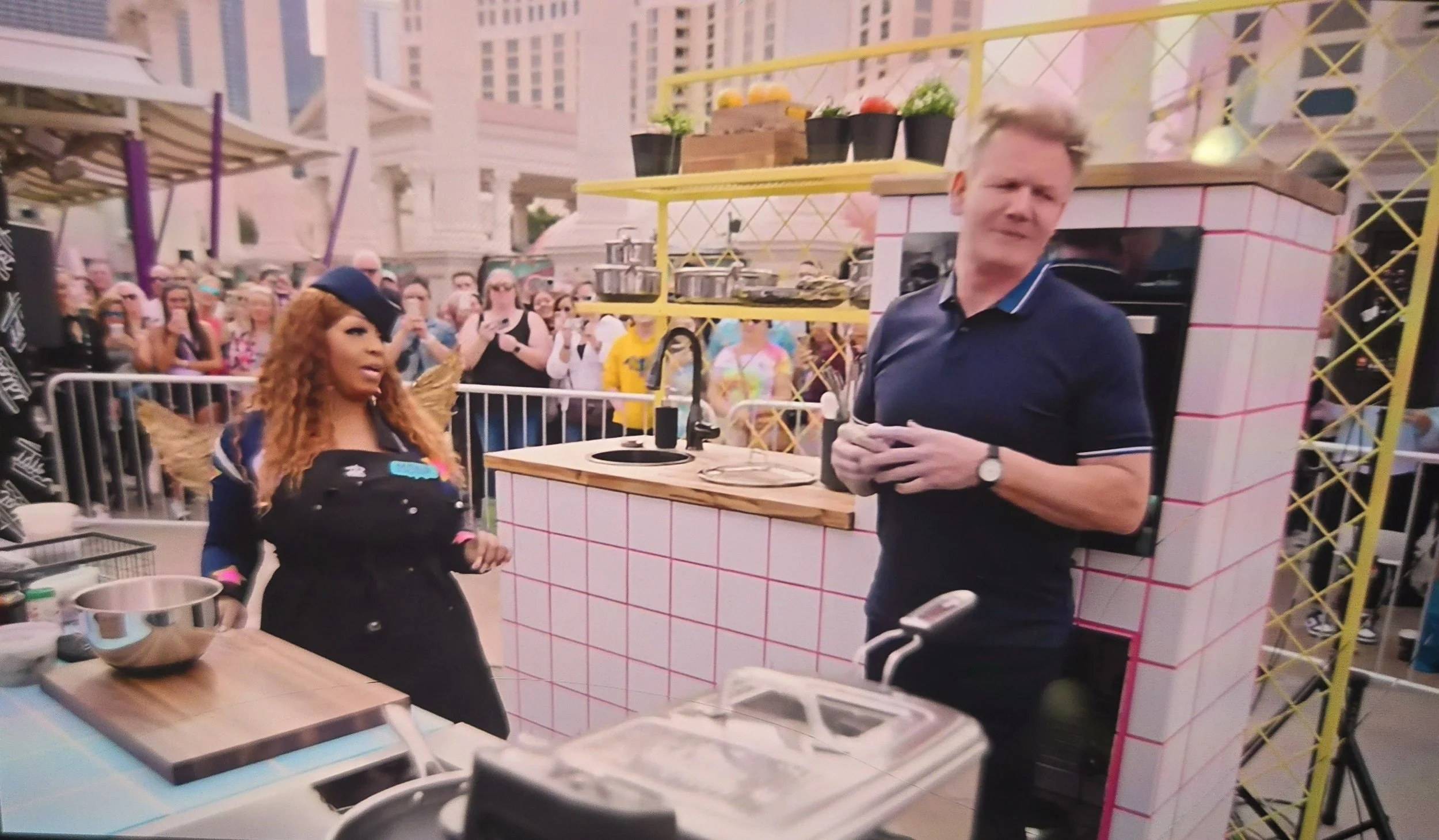 "Mona Monreaux with Gordon Ramsay on set of Idiot Sandwich. WGA creator of CRASHPAD and host of Dressup and Cook"