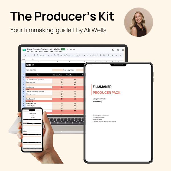 The image shows a graphic advertising 'The Producer's Kit,' a filmmaking guide by Ali Wells. It includes a laptop displaying a budget spreadsheet, a tablet screen with a guide page, and a person holding a smartphone with a checklist. A small portrait of Ali Wells is in the top right corner.