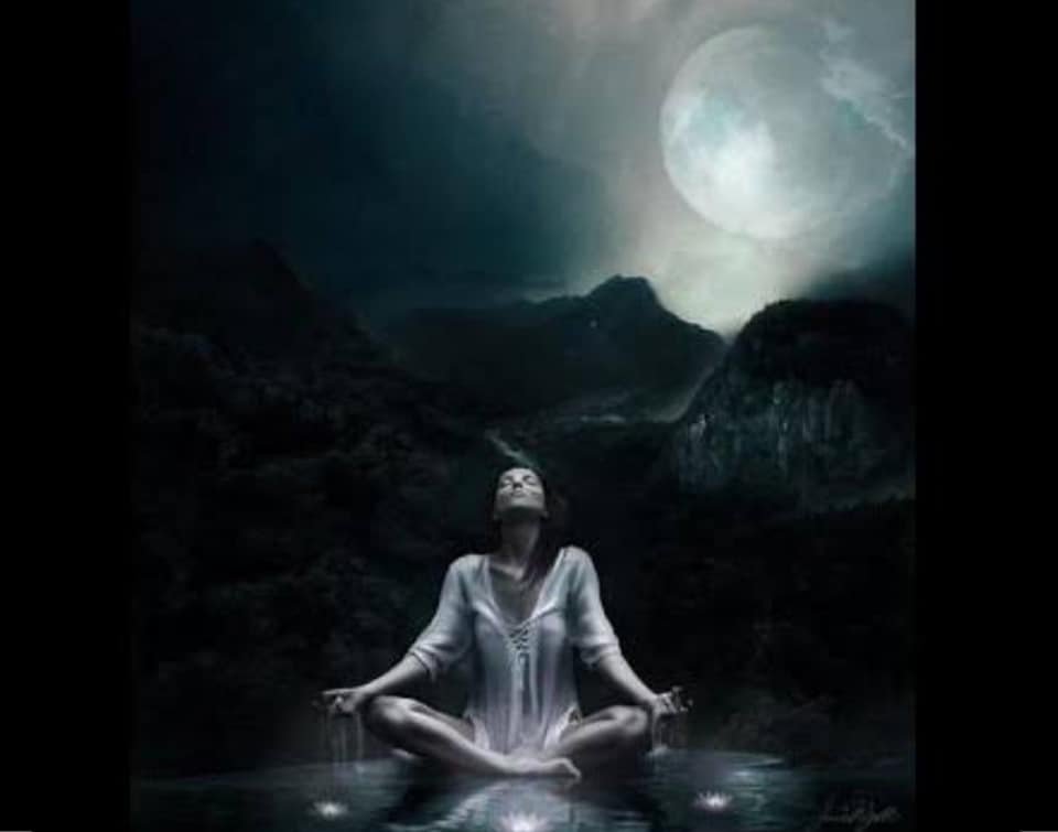 A woman meditating in water under a night sky with a full moon.