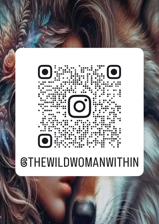 Instagram QR code overlaying a close-up of a woman with curly hair and a dog with a furry face.
