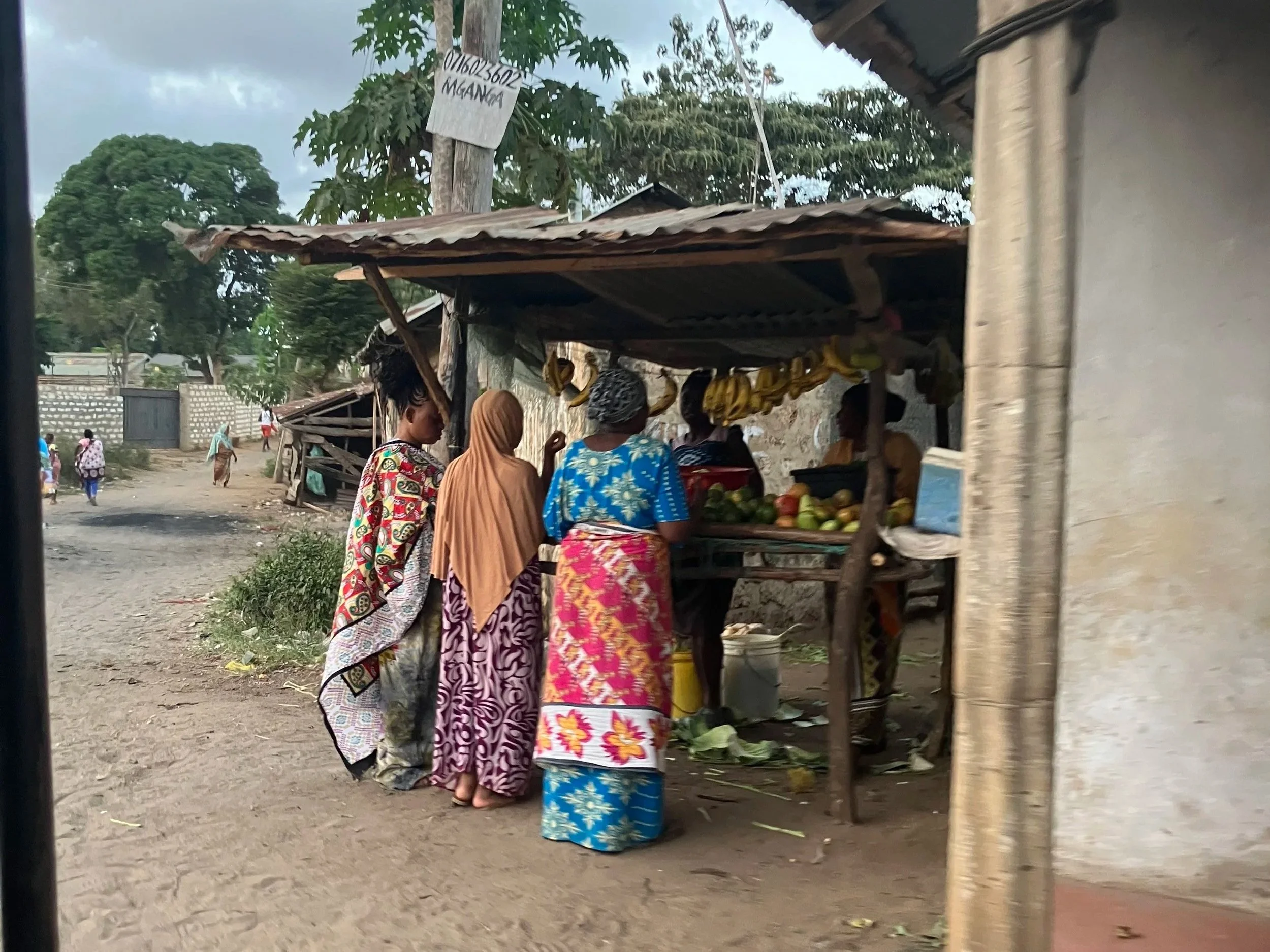 Women shopping at a small outdoor market stall with fruits, under a makeshift roof on a dirt street in a rural area.