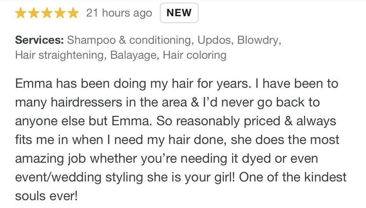 Review of a hair salon service mentioning hair styling and coloring, with positive feedback about Emma, the hairdresser.