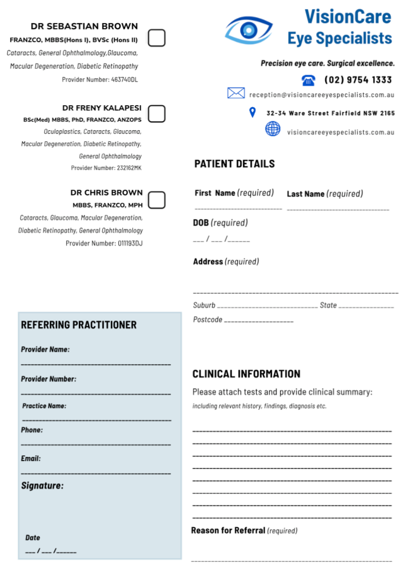 Business card for VisionCare Eye Specialists with contact info, logos, and patient documentation sections.