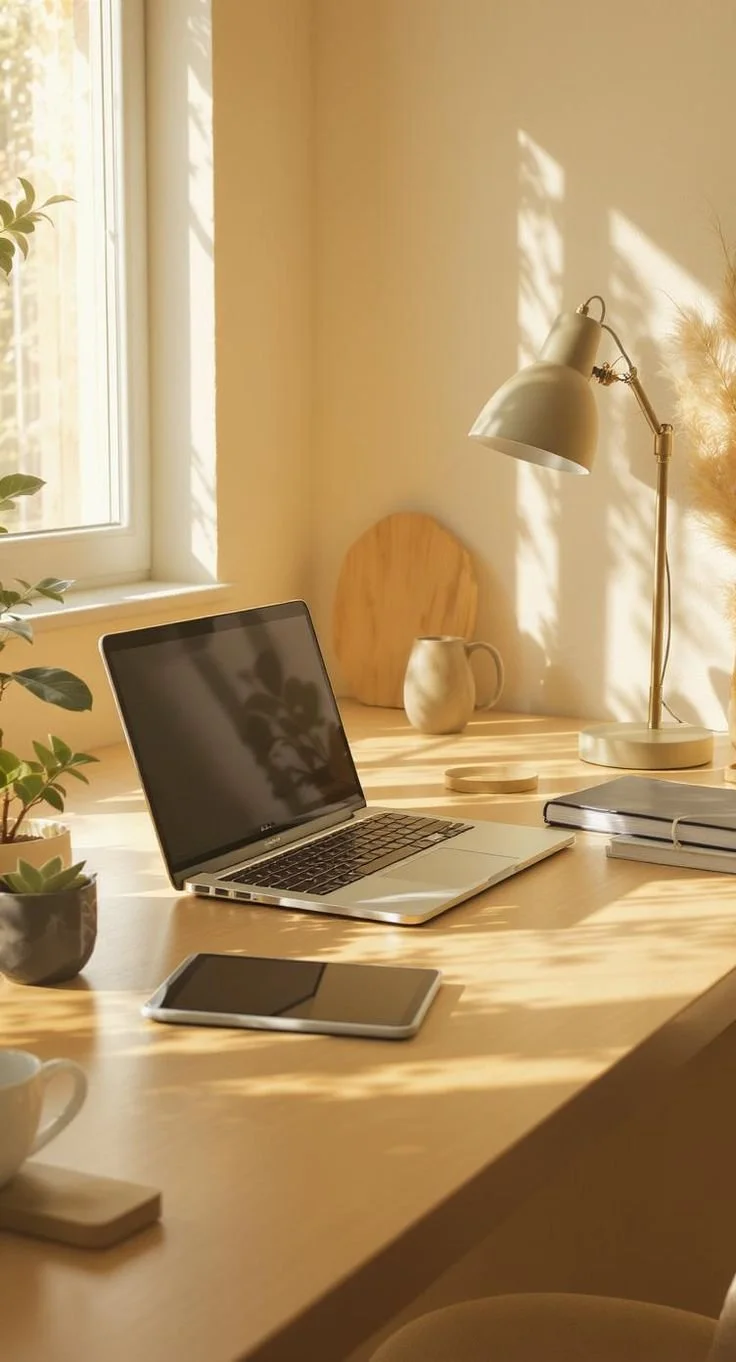 Sunlit desk with a laptop, tablet, plant, mug, lamp, and notebooks near a window with shadows on the wall.