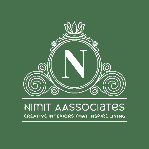 Logo for Nimit Associates with a decorative border, a large letter N in the center, and the tagline 'Creative Interiors That Inspire Living'.