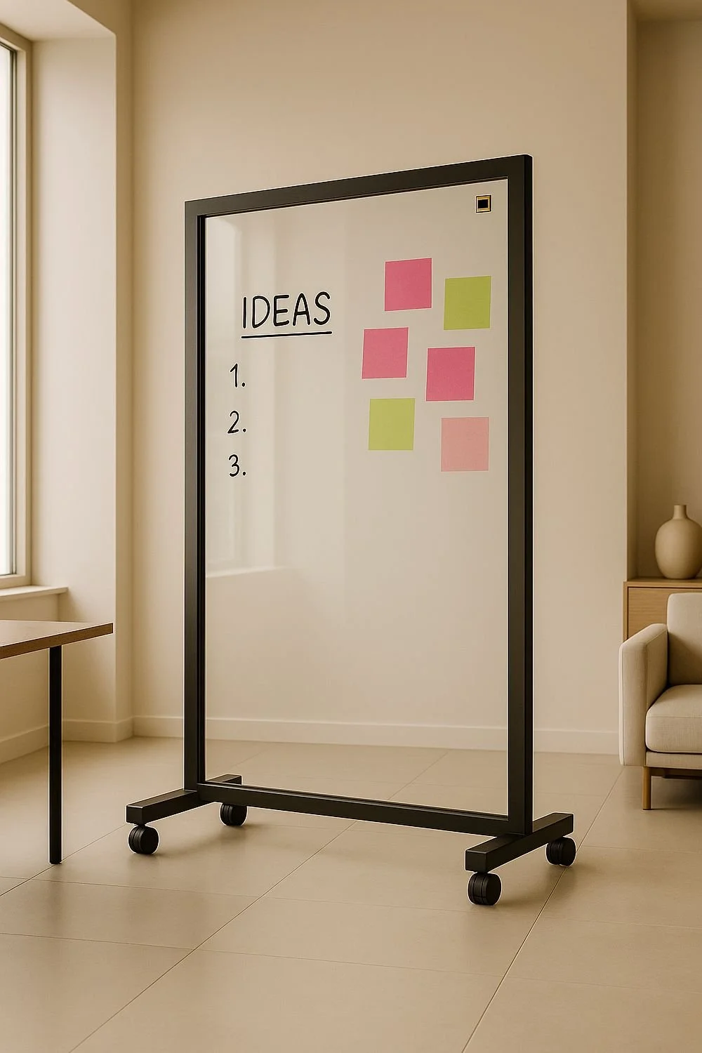 Whiteboard with ideas written on it, with numbered list from 1 to 3 and colored sticky notes in pink and green, on wheels in a bright room.