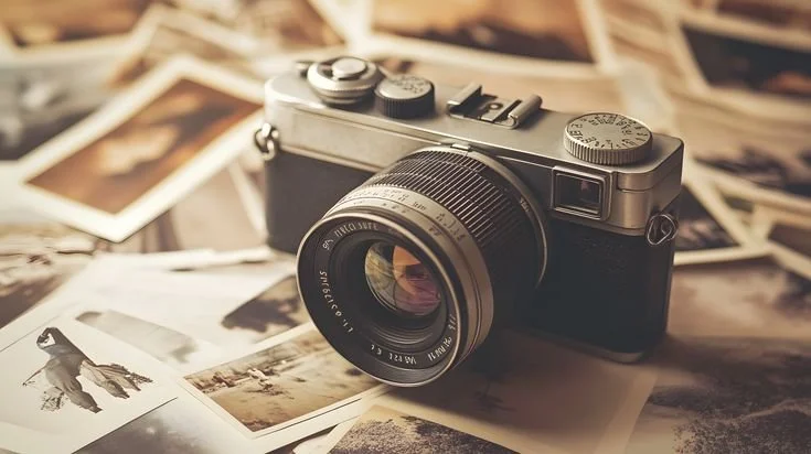 A vintage camera resting on a desk covered with scattered black and white photographs.