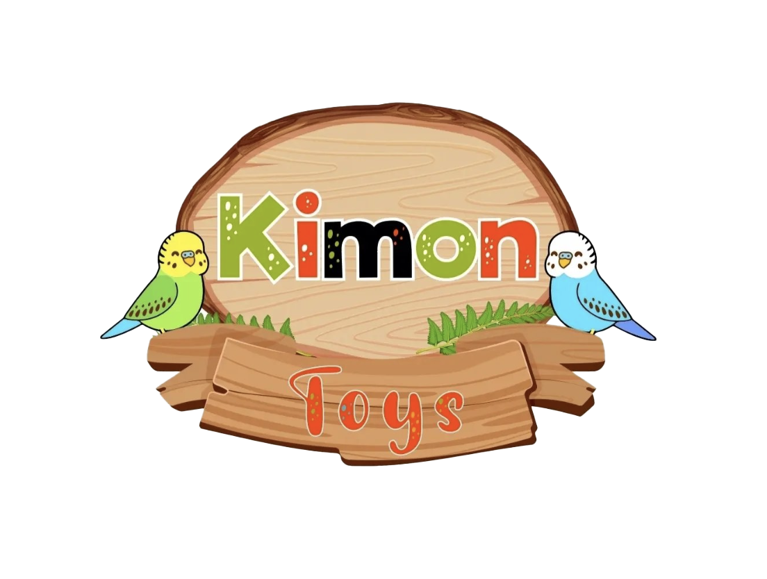 Logo for Kimon Toys featuring two cartoon birds sitting on a wooden sign, with the brand name in colorful letters.