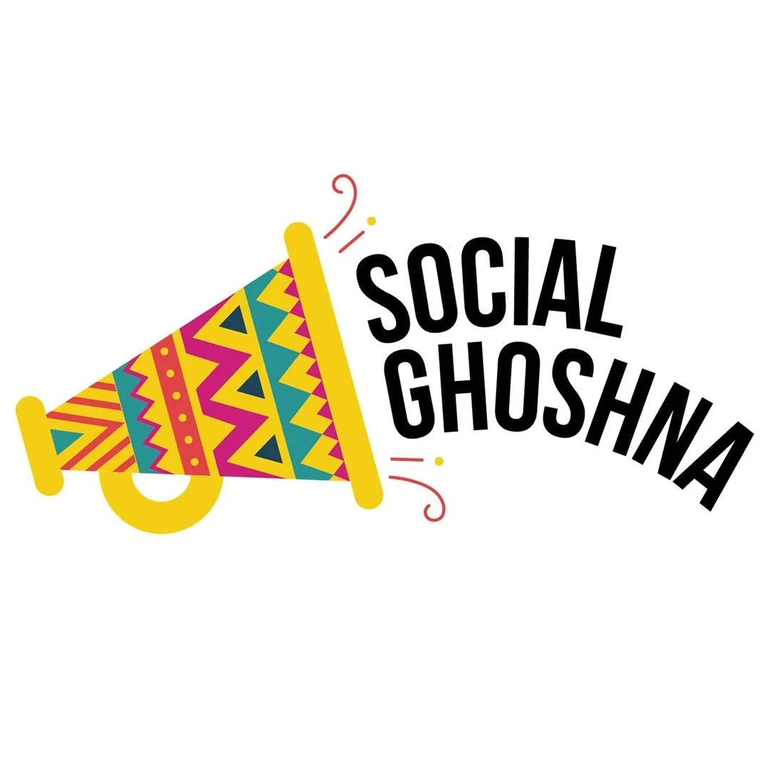 A colorful party horn with geometric patterns emitting the words 'Social Ghoshna' in black text.