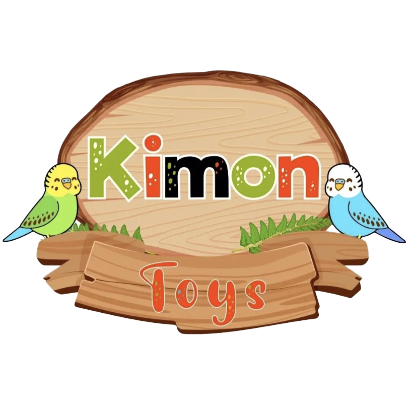Colorful logo for Kimon Toys featuring a wooden sign with green and blue parrots on either side and playful, multicolored text.