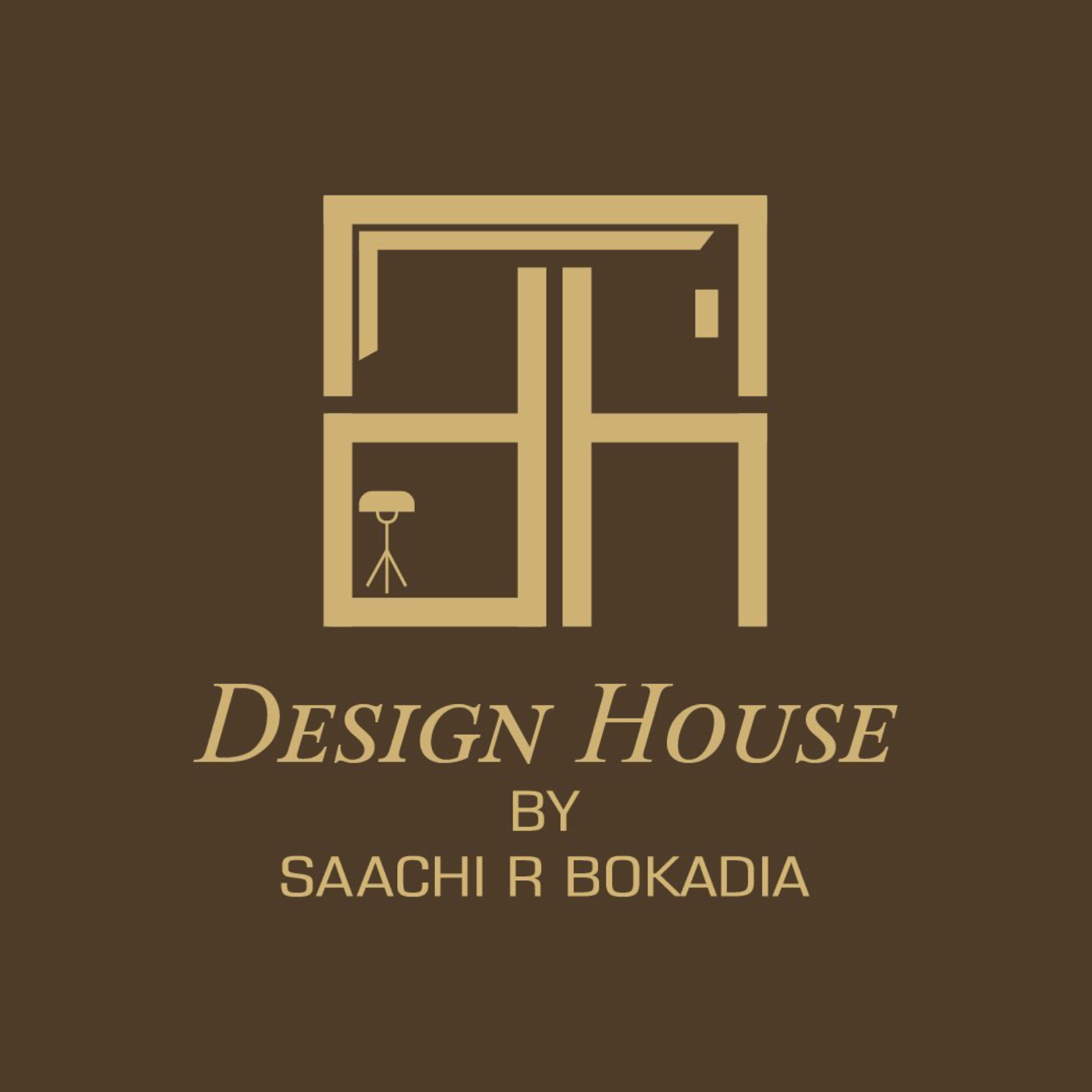 Logo of Design House by Saachi R Bokadia, featuring a stylized house with interior elements, on a brown background.