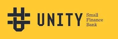 Logo of Unity Small Finance Bank with a yellow background and black text.