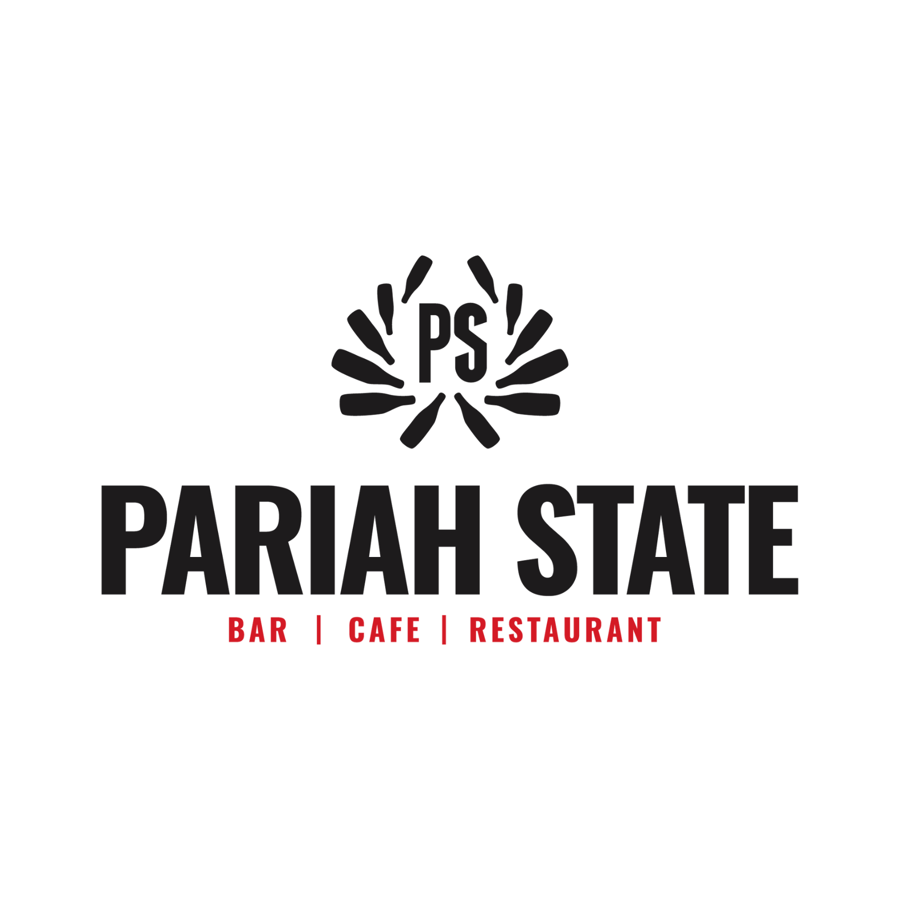 Logo for Pariah State featuring black stylized sunburst with the initials PS inside, below the name in bold black letters, with the words Bar, Cafe, and Restaurant in red beneath.